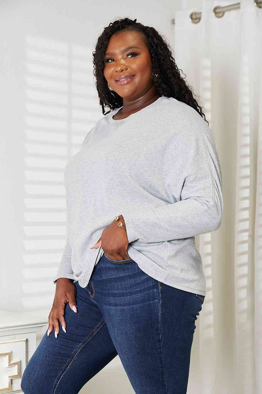 Double Take Seam Detail Round Neck Long Sleeve Top Gray No 8
