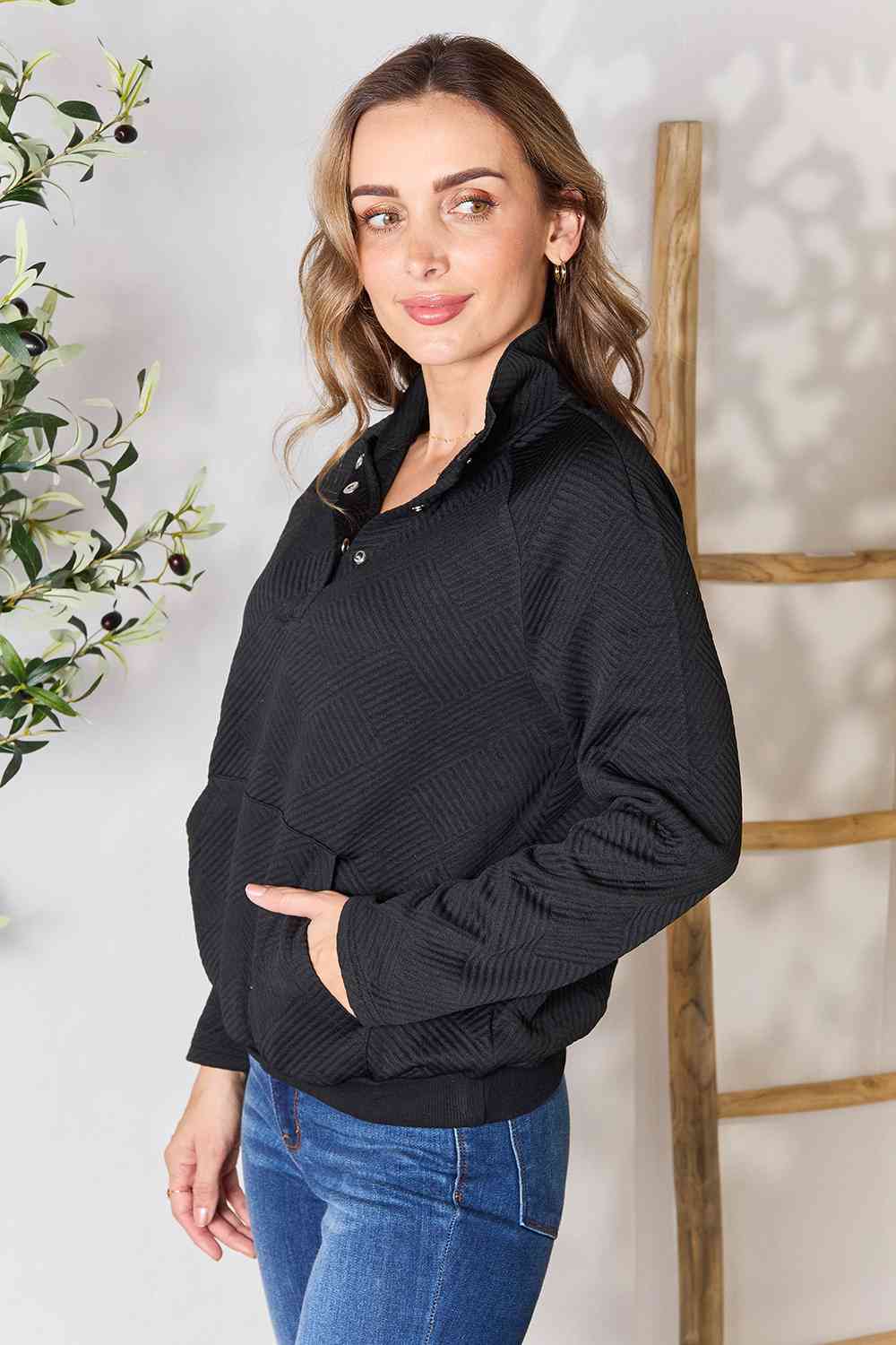 Double Take Half Buttoned Collared Neck Sweatshirt with Pocket 3