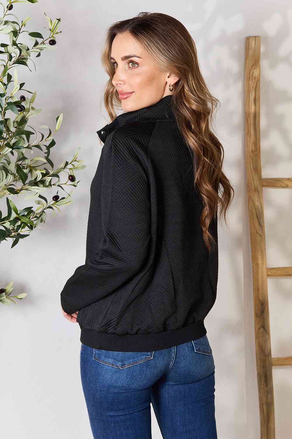 Double Take Half Buttoned Collared Neck Sweatshirt with Pocket 4