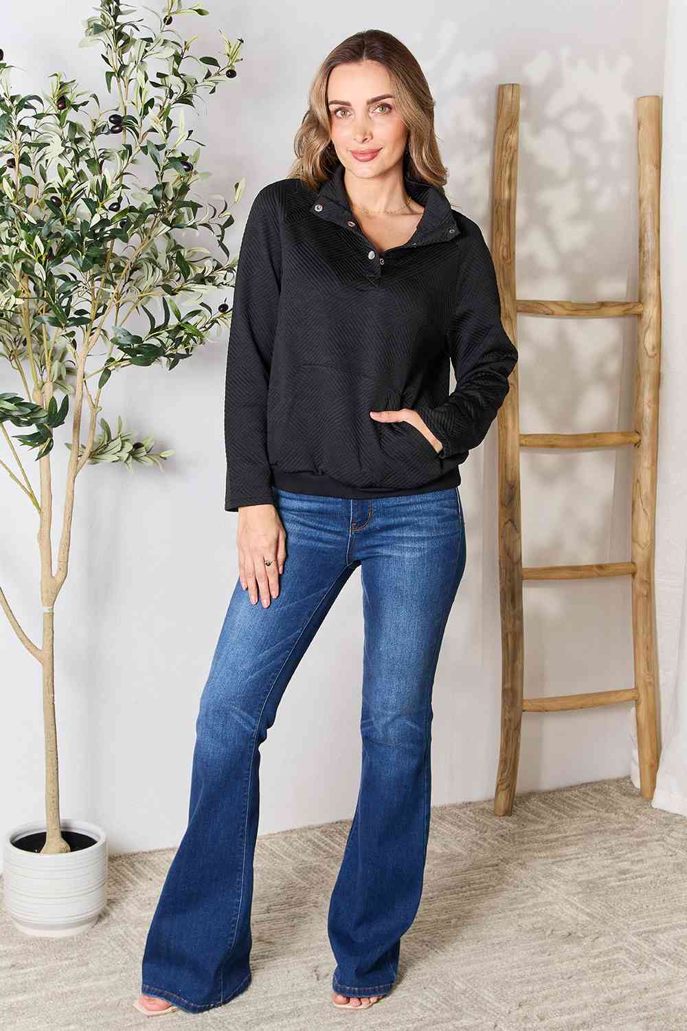 Double Take Half Buttoned Collared Neck Sweatshirt with Pocket 5