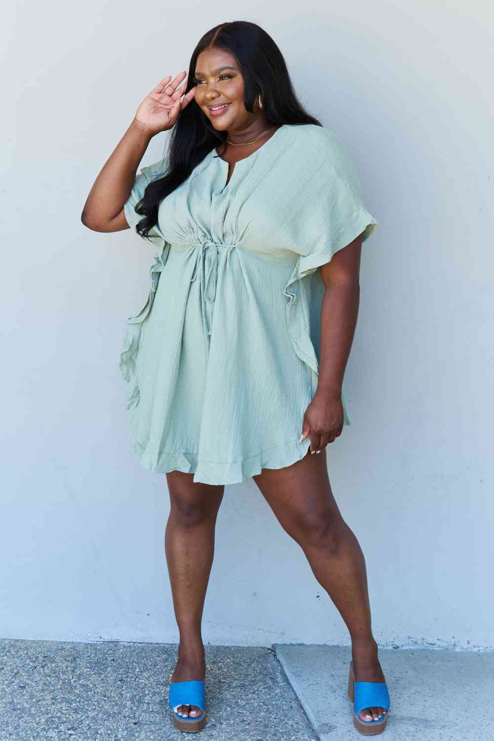 Ninexis Out Of Time Full Size Ruffle Hem Dress with Drawstring Waistband in Light Sage No 4
