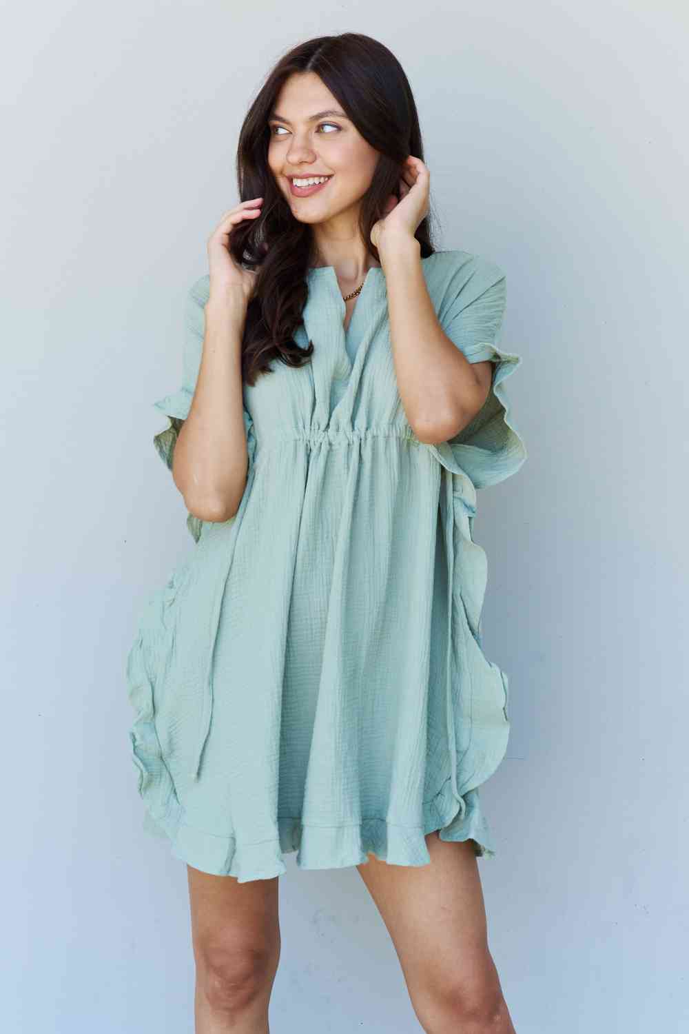 Ninexis Out Of Time Full Size Ruffle Hem Dress with Drawstring Waistband in Light Sage 7