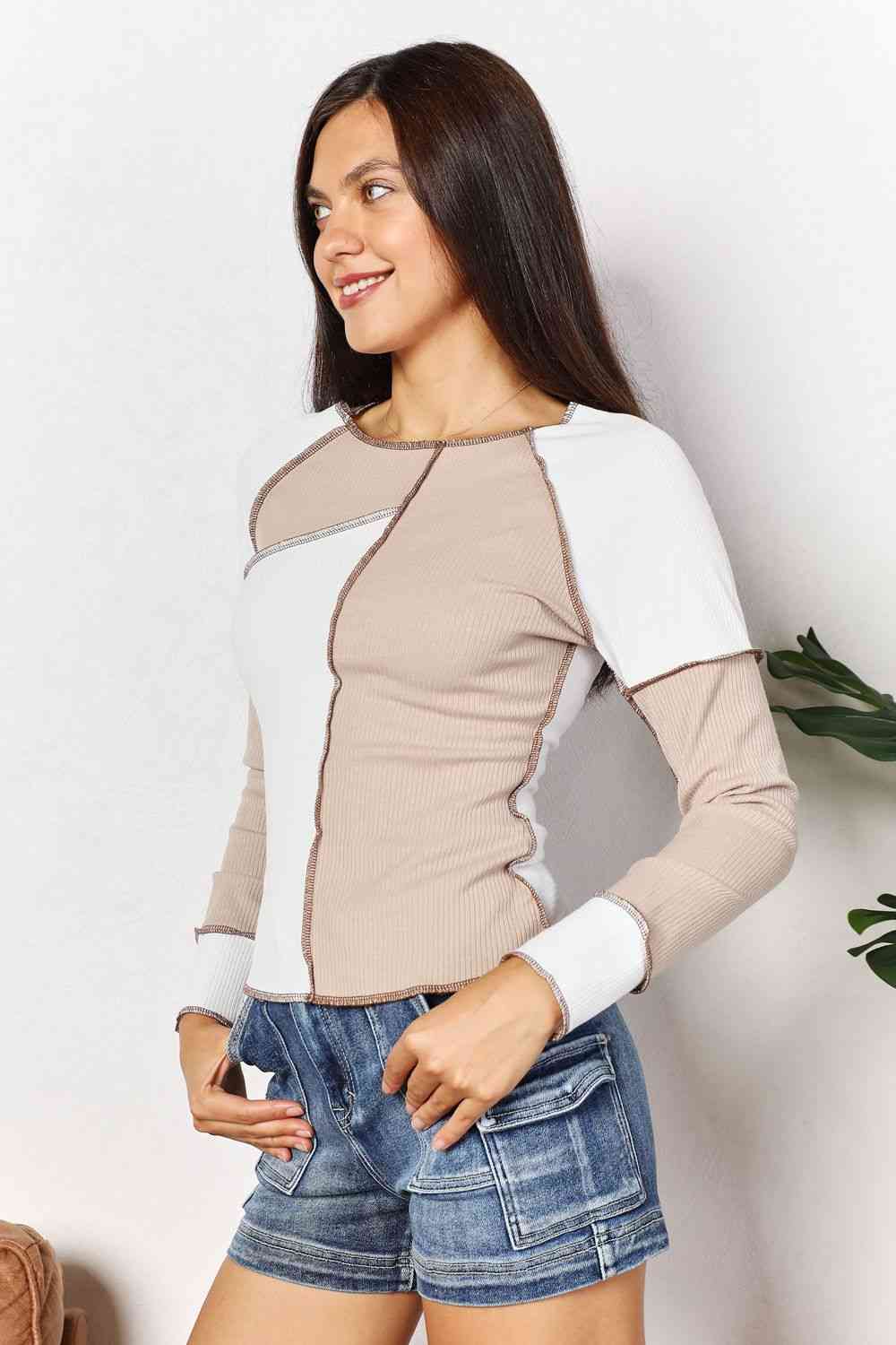 Double Take Color Block Exposed Seam Top No 4