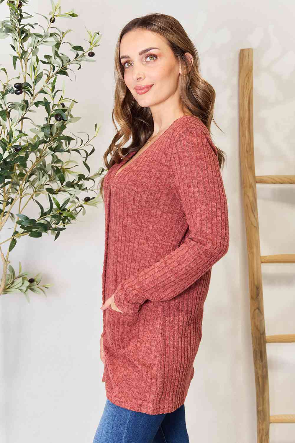 Double Take Ribbed Button-Up Cardigan with Pockets 2