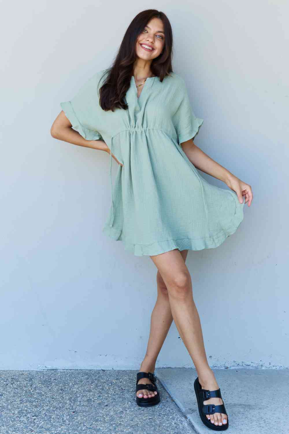 Ninexis Out Of Time Full Size Ruffle Hem Dress with Drawstring Waistband in Light Sage No 10
