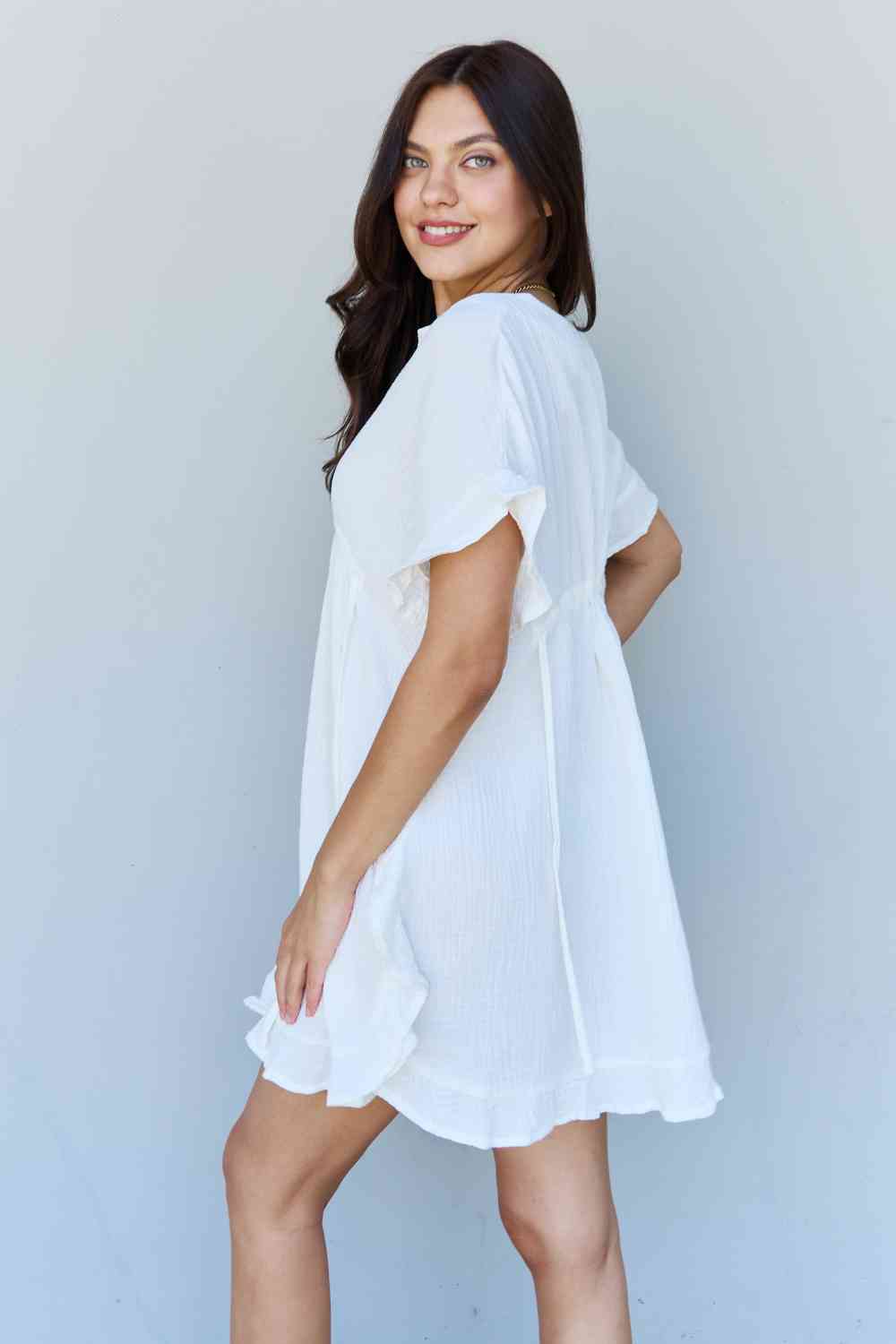 Ninexis Out Of Time Full Size Ruffle Hem Dress with Drawstring Waistband in White No 2