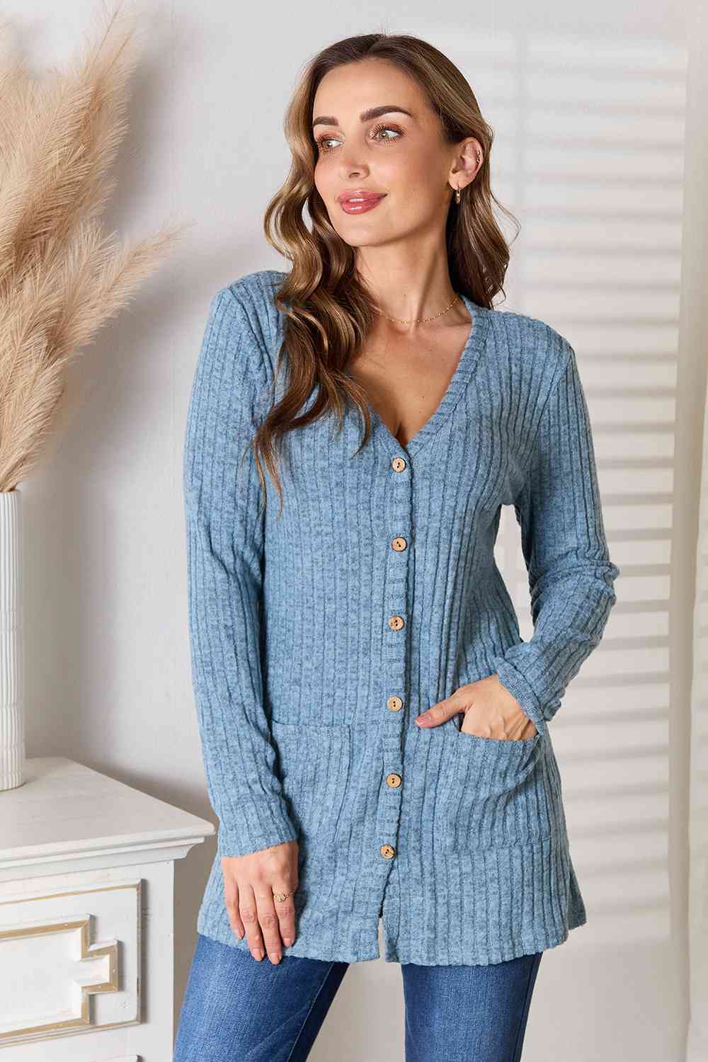 Double Take Ribbed Button-Up Cardigan with Pockets 10