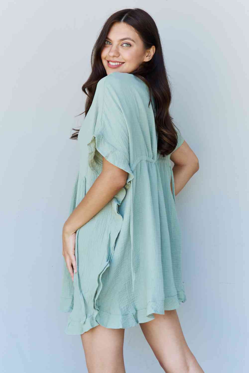 Ninexis Out Of Time Full Size Ruffle Hem Dress with Drawstring Waistband in Light Sage No 9