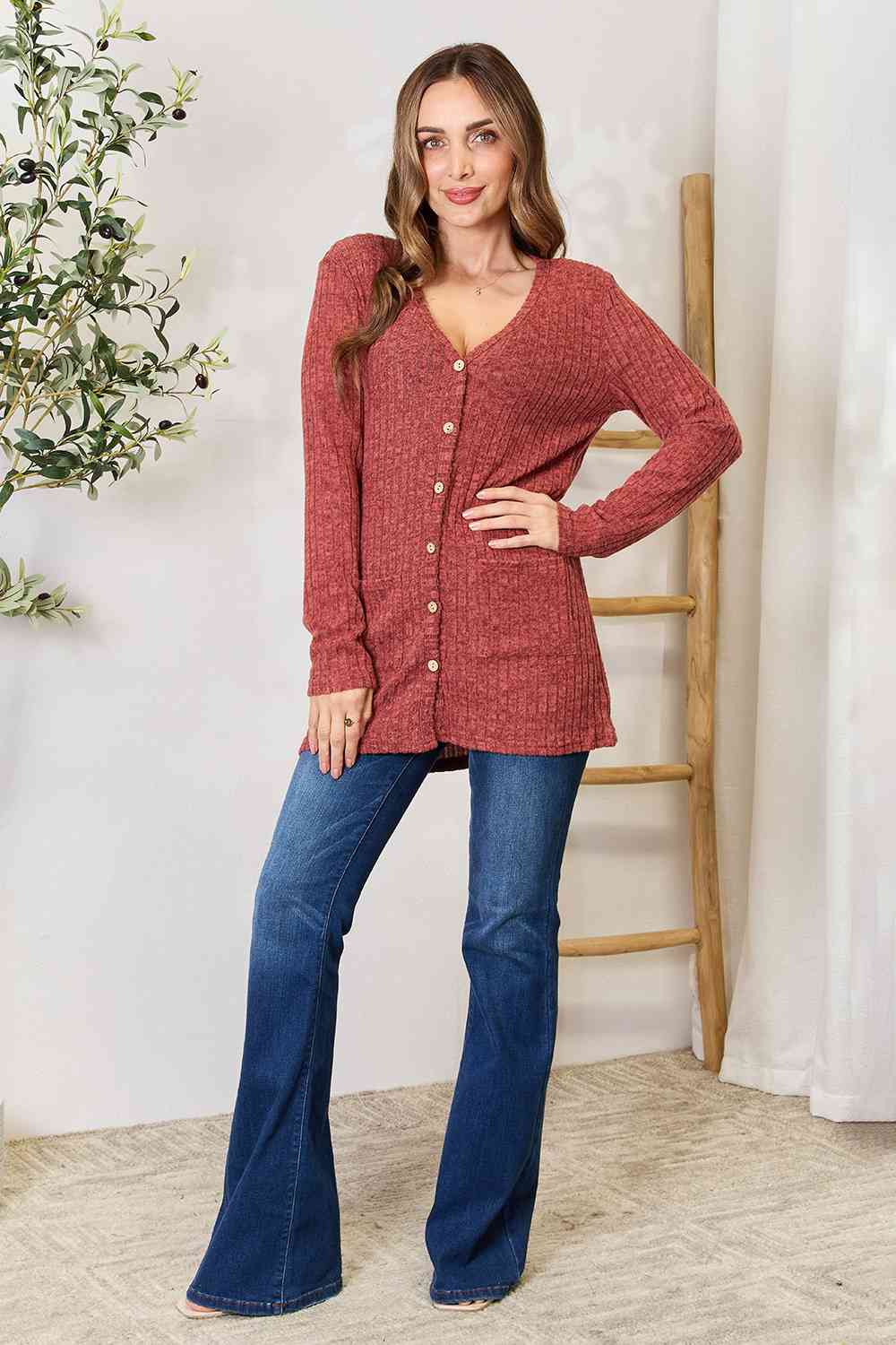 Double Take Ribbed Button-Up Cardigan with Pockets 4