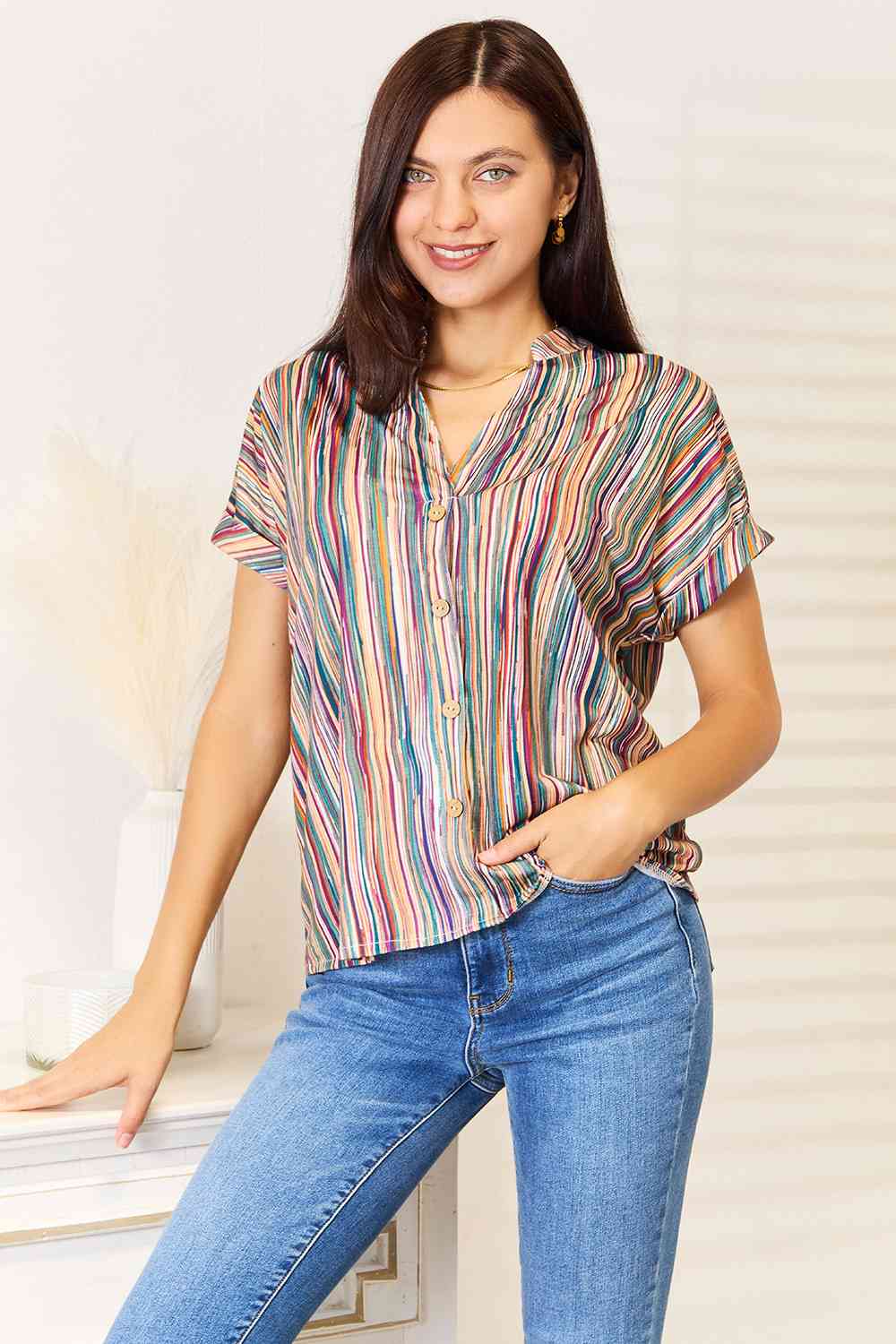 Double Take Multicolored Stripe Notched Neck Top No 5
