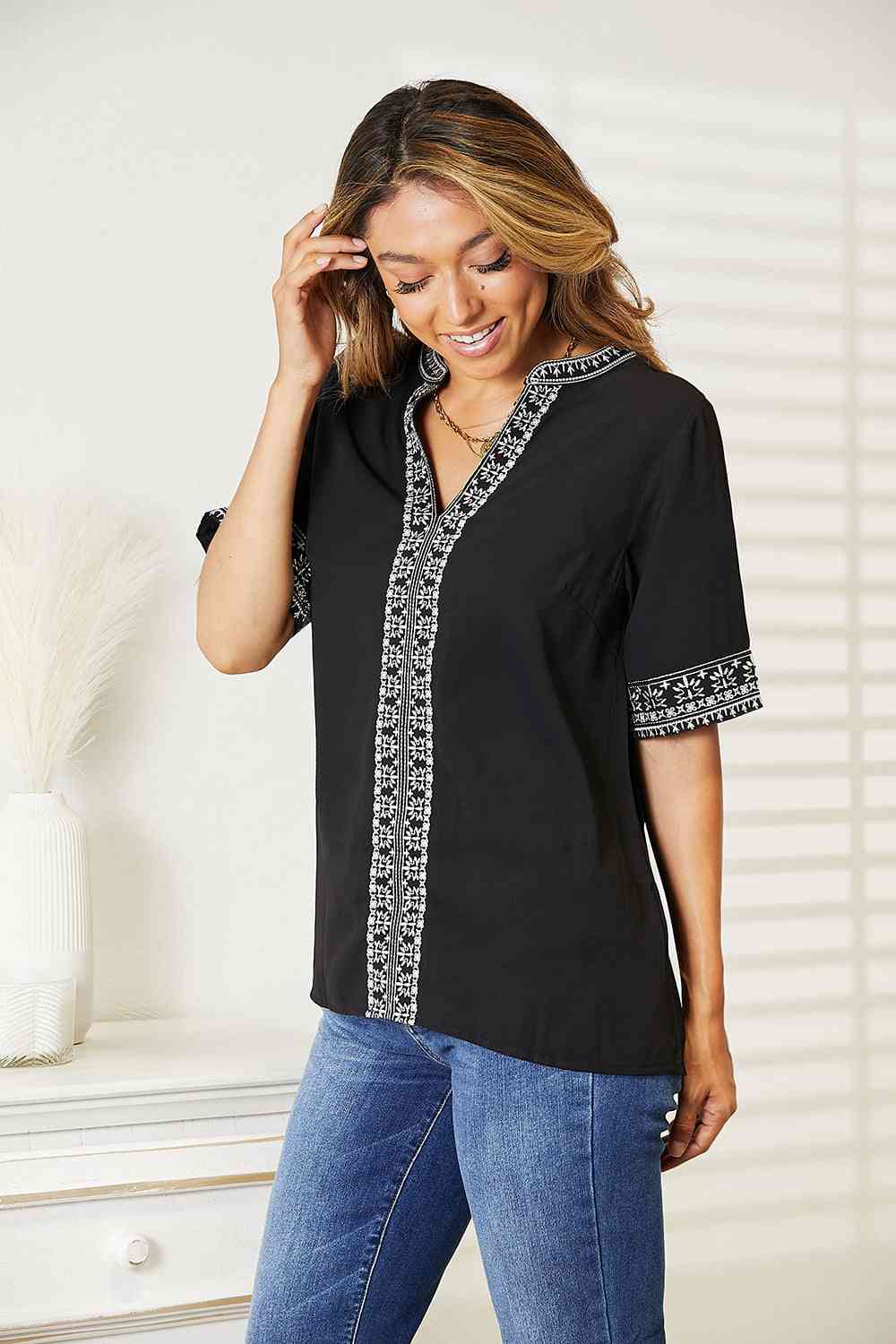 Double Take Embroidered Notched Neck Top No 5