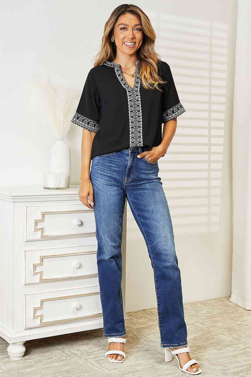 Double Take Embroidered Notched Neck Top No 6