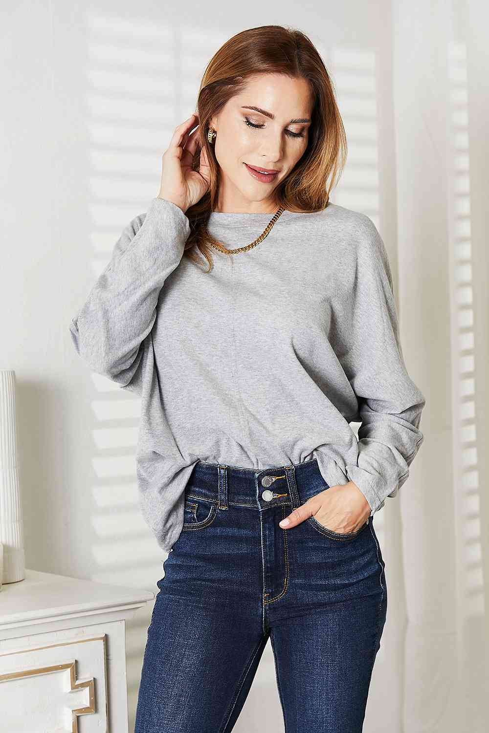 Double Take Seam Detail Round Neck Long Sleeve Top Gray No 3