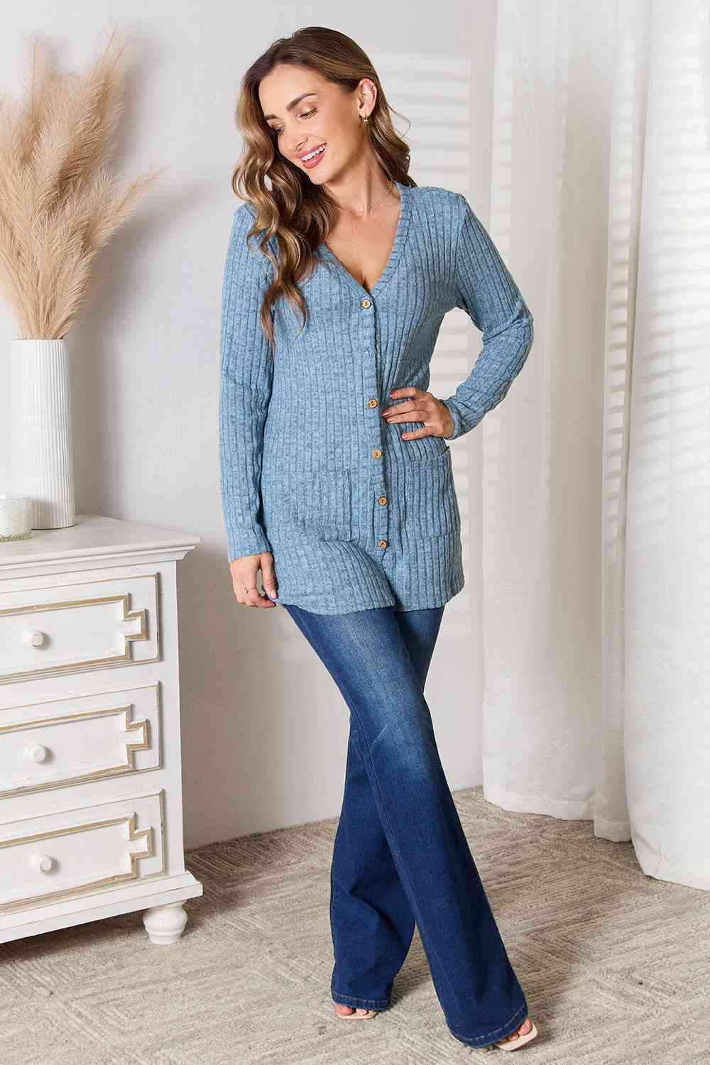 Double Take Ribbed Button-Up Cardigan with Pockets 12