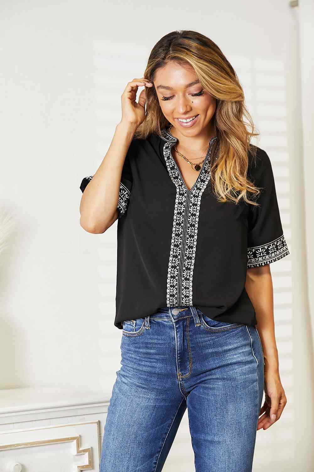 Double Take Embroidered Notched Neck Top No 3