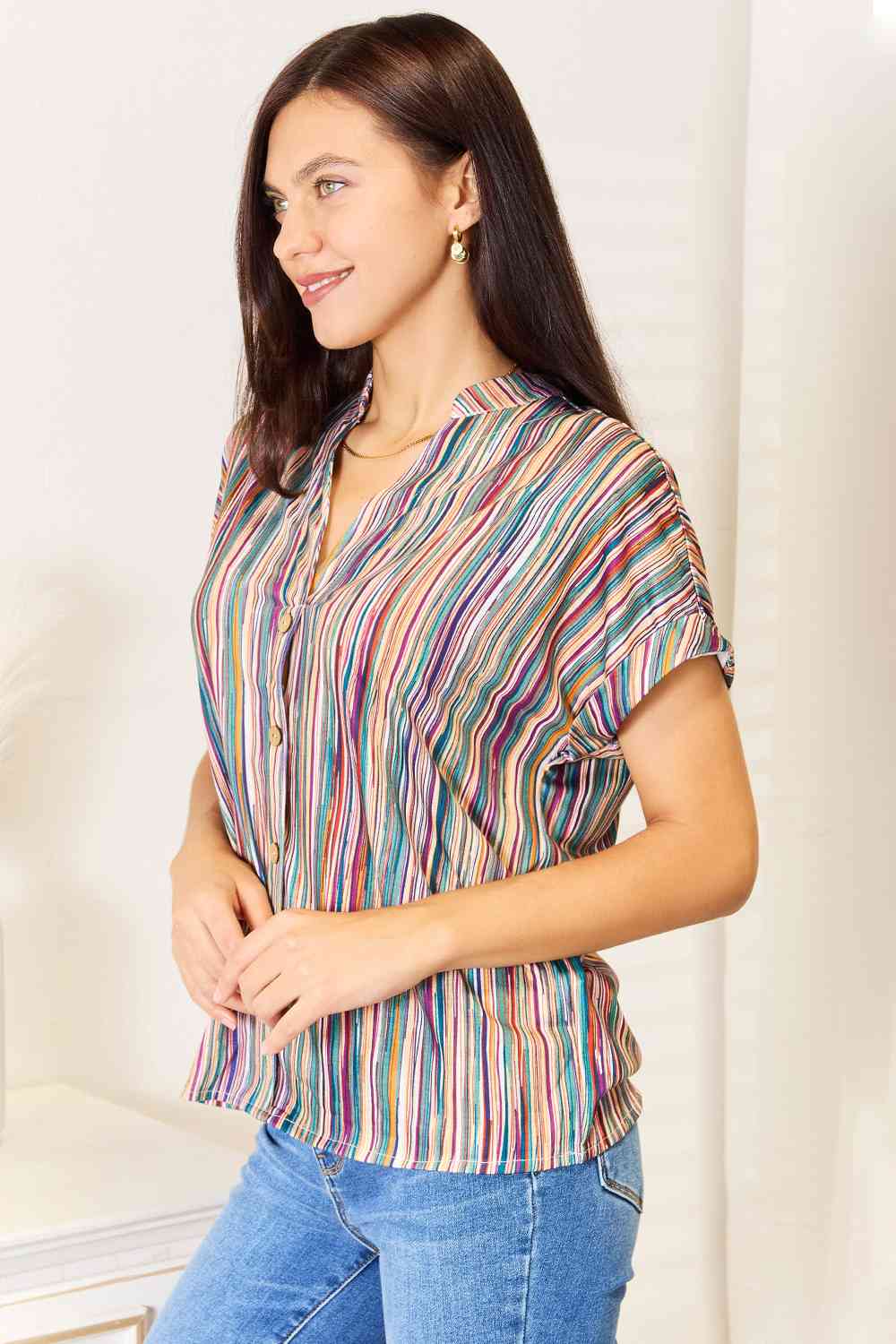 Double Take Multicolored Stripe Notched Neck Top No 6