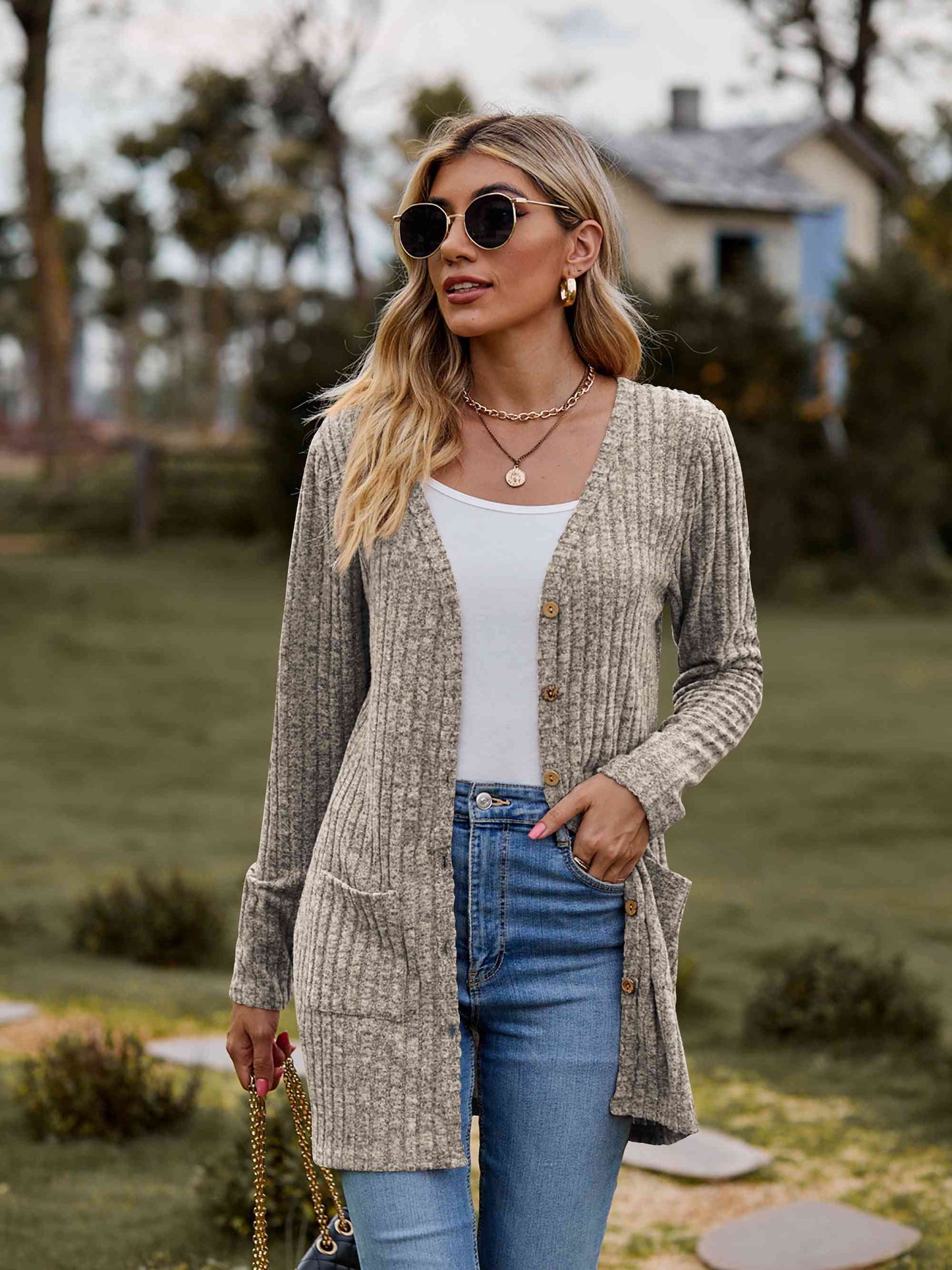 Double Take Ribbed Button-Up Cardigan with Pockets No 5
