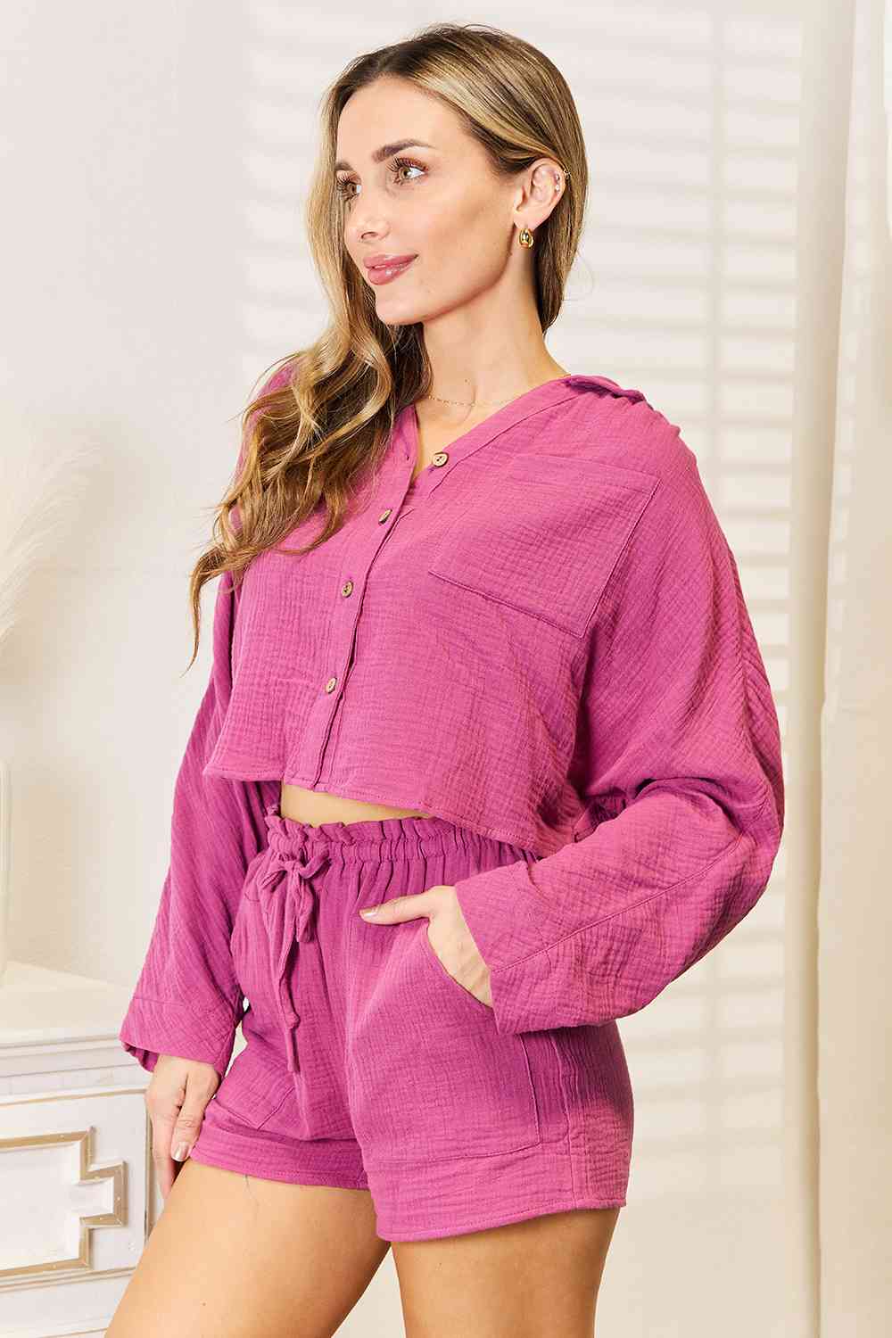 Basic Bae Buttoned Long Sleeve Top and Shorts Set No 3