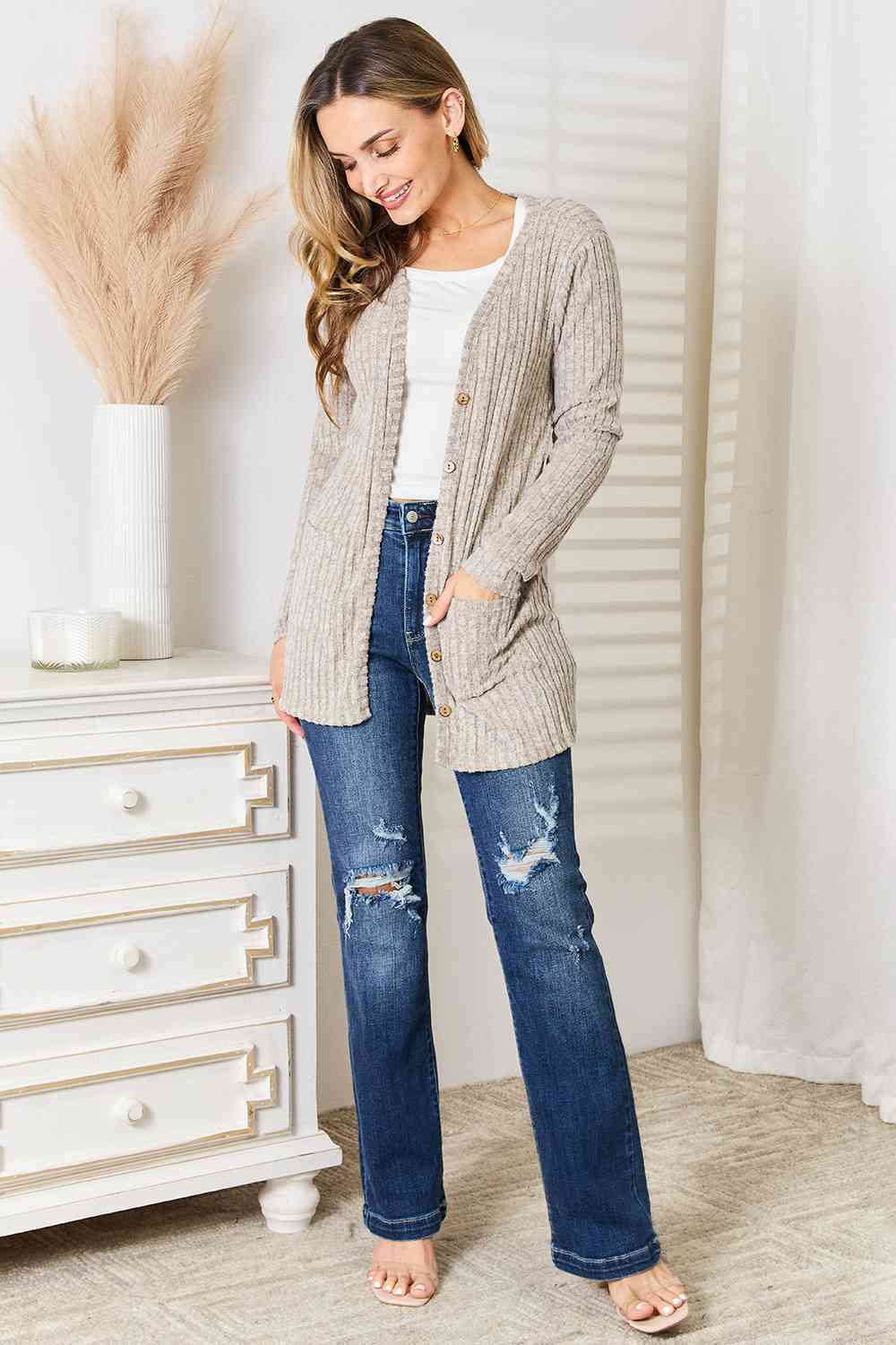 Double Take Ribbed Button-Up Cardigan with Pockets No 4
