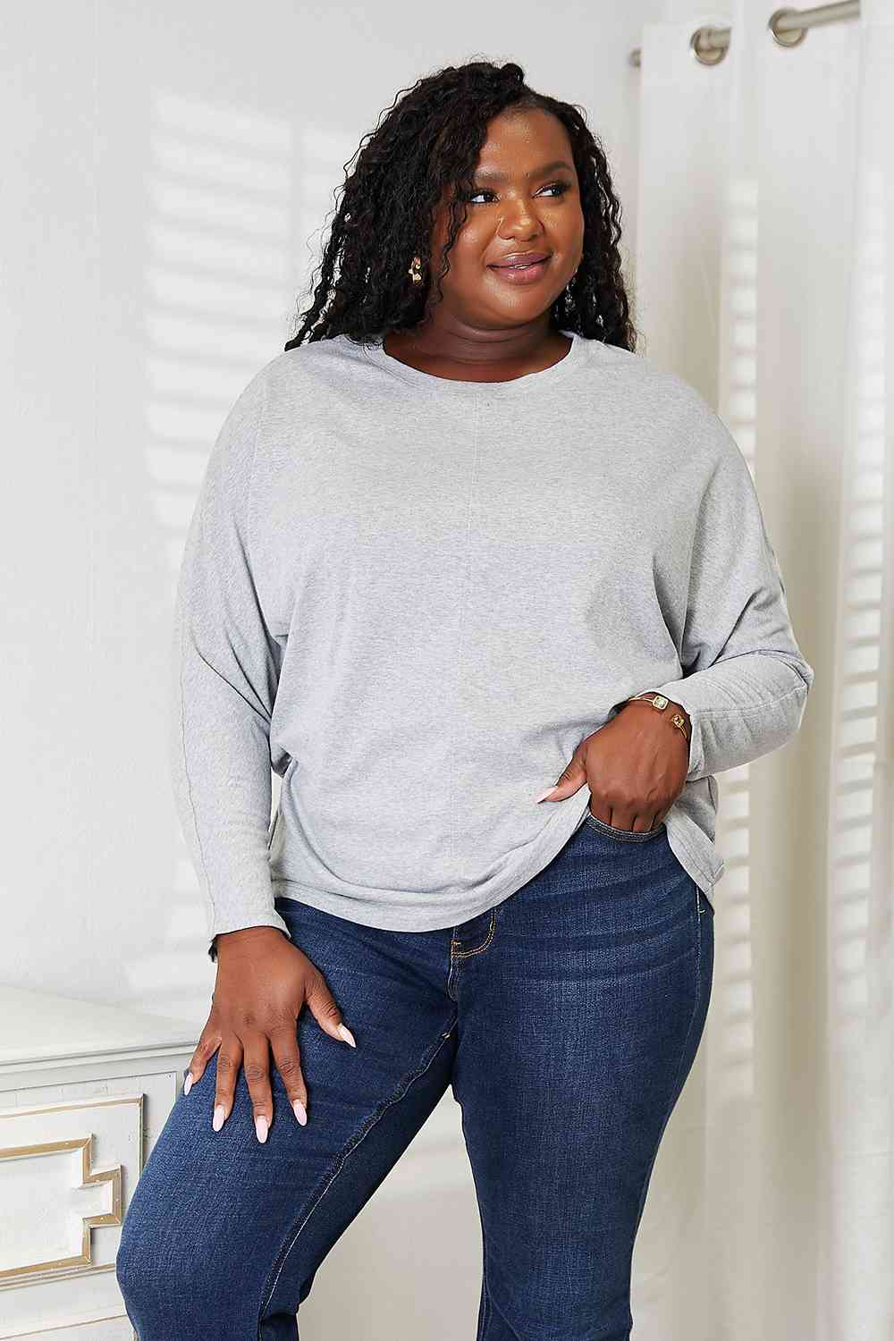 Double Take Seam Detail Round Neck Long Sleeve Top Gray No 7
