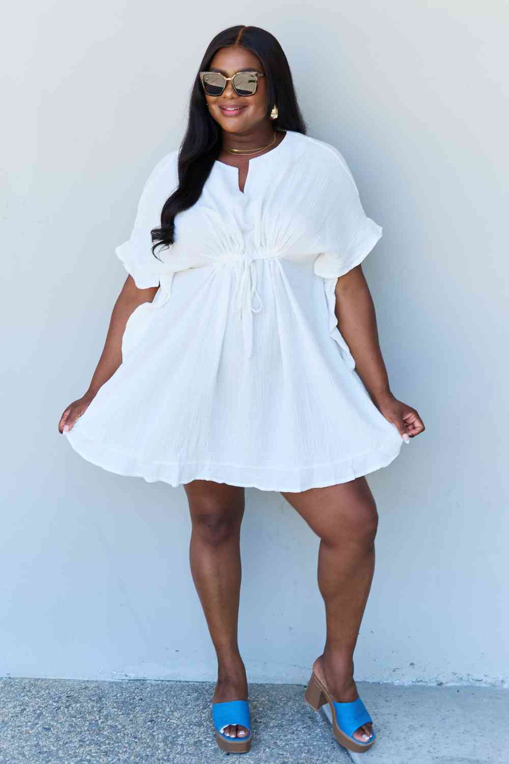 Ninexis Out Of Time Full Size Ruffle Hem Dress with Drawstring Waistband in White No 9