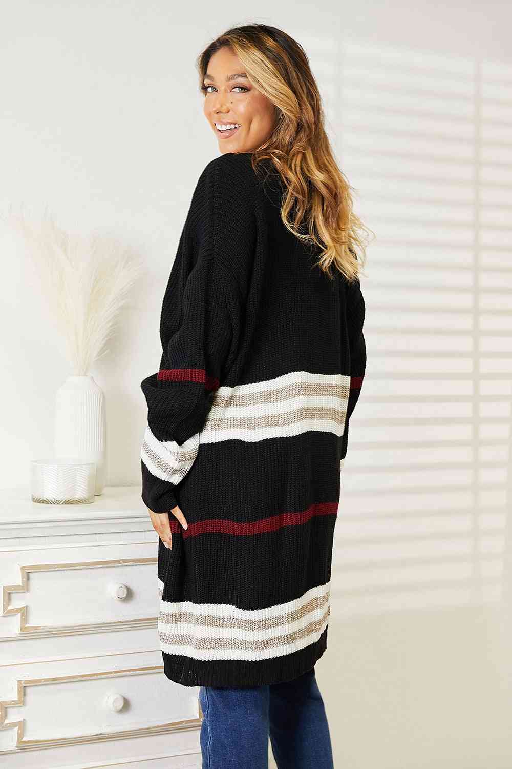 Double Take Striped Rib-Knit Drop Shoulder Open Front Cardigan No 2