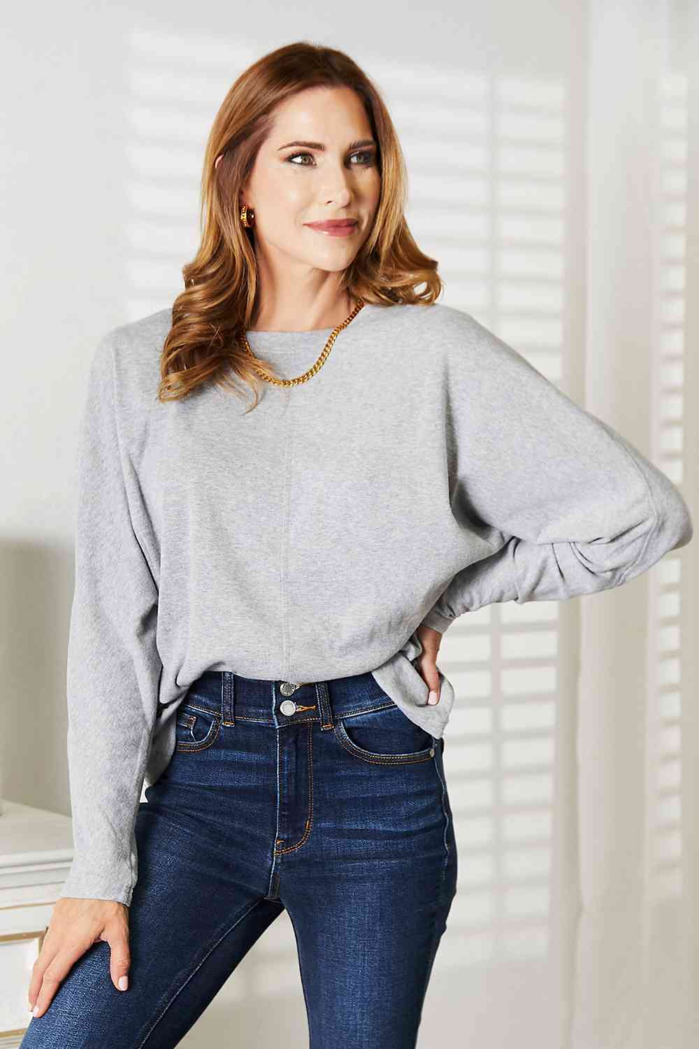 Double Take Seam Detail Round Neck Long Sleeve Top Gray No 4