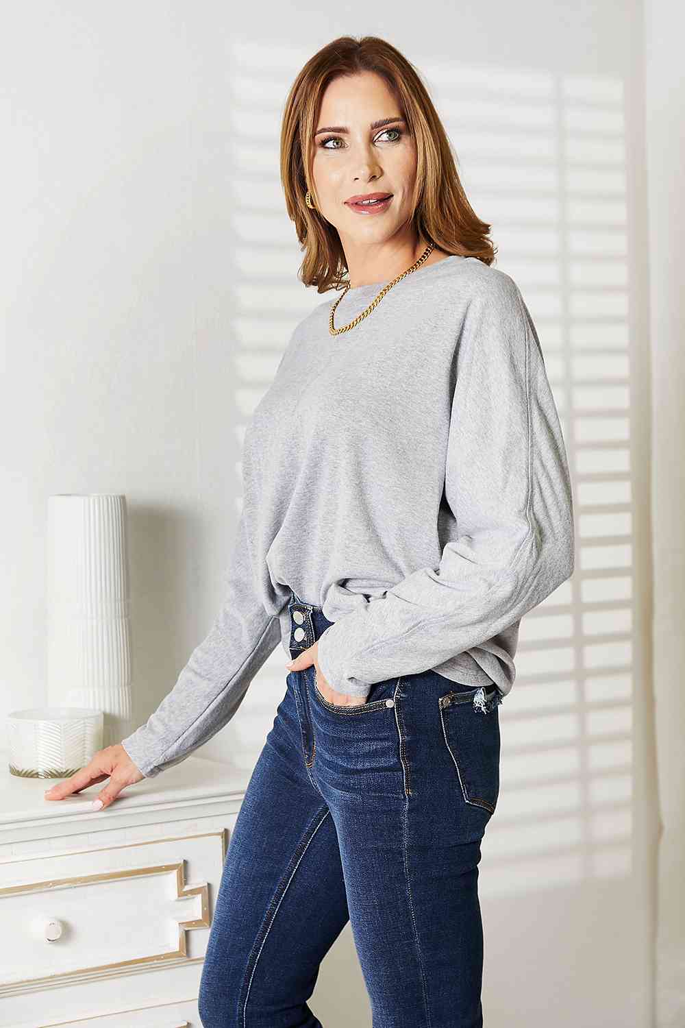 Double Take Seam Detail Round Neck Long Sleeve Top Gray No 5