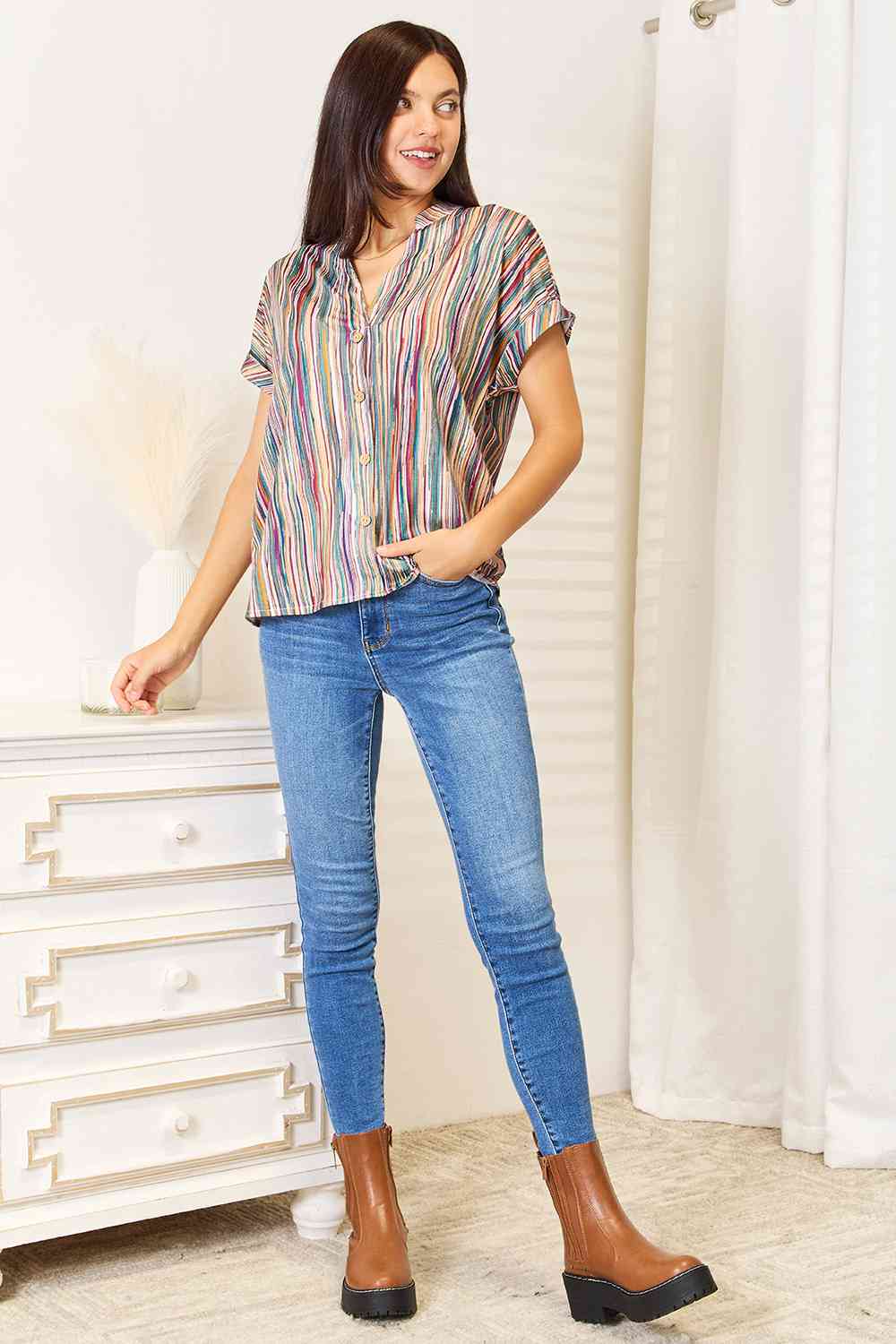 Double Take Multicolored Stripe Notched Neck Top No 8