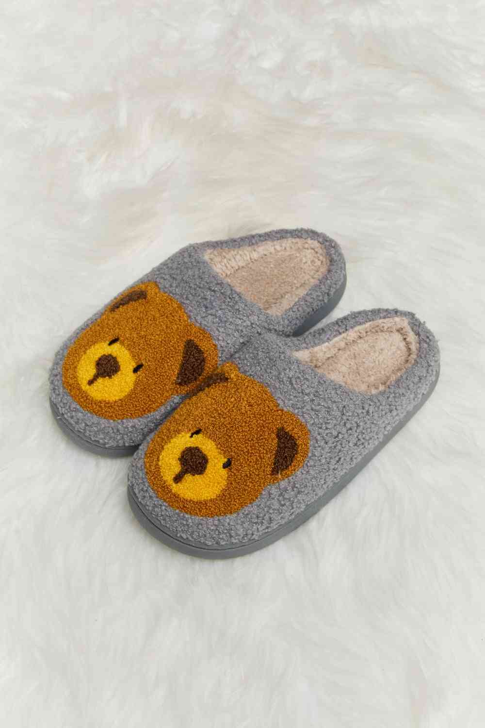 Melody Teddy Bear Print Plush Slide Slippers Gray No 3