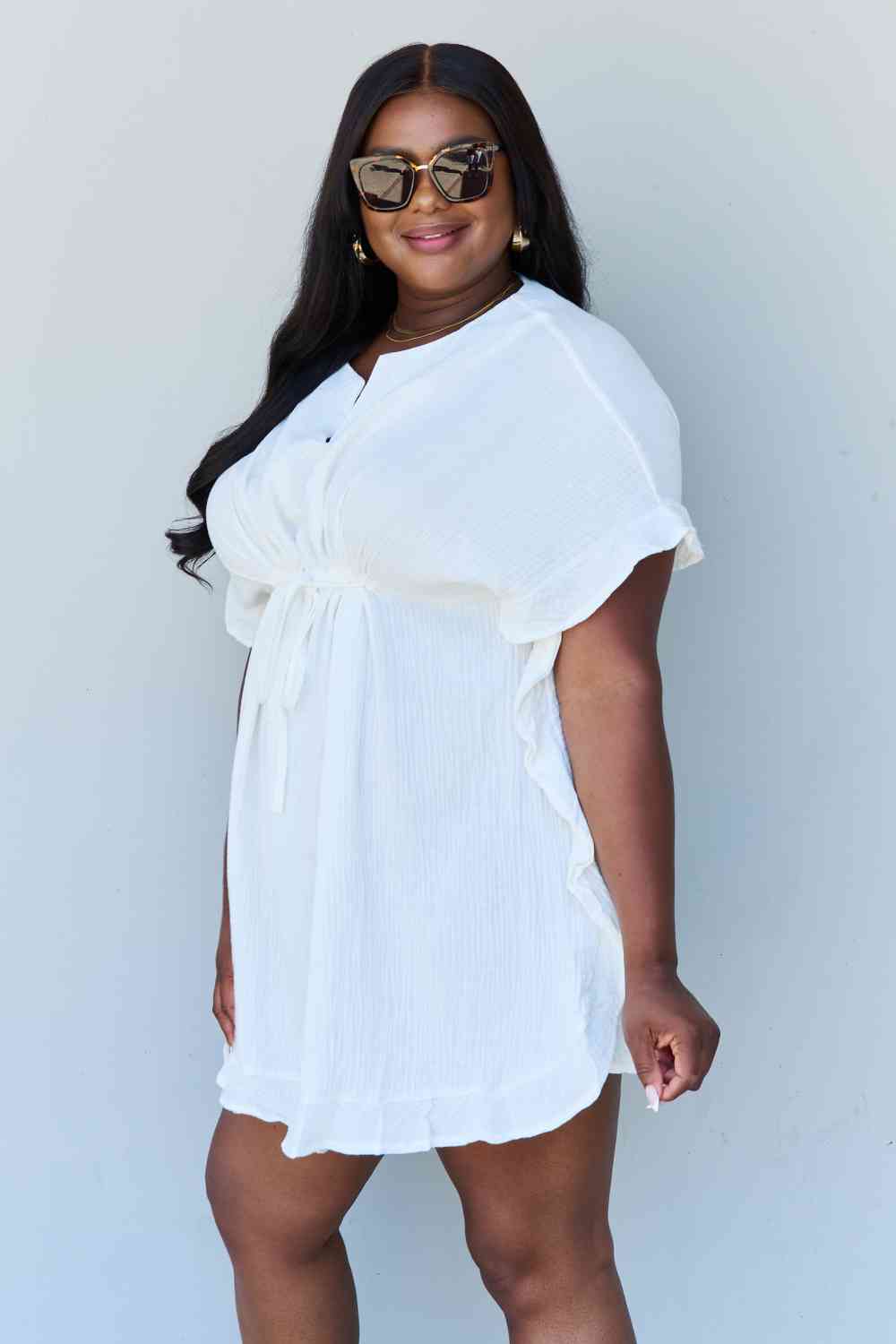 Ninexis Out Of Time Full Size Ruffle Hem Dress with Drawstring Waistband in White No 7