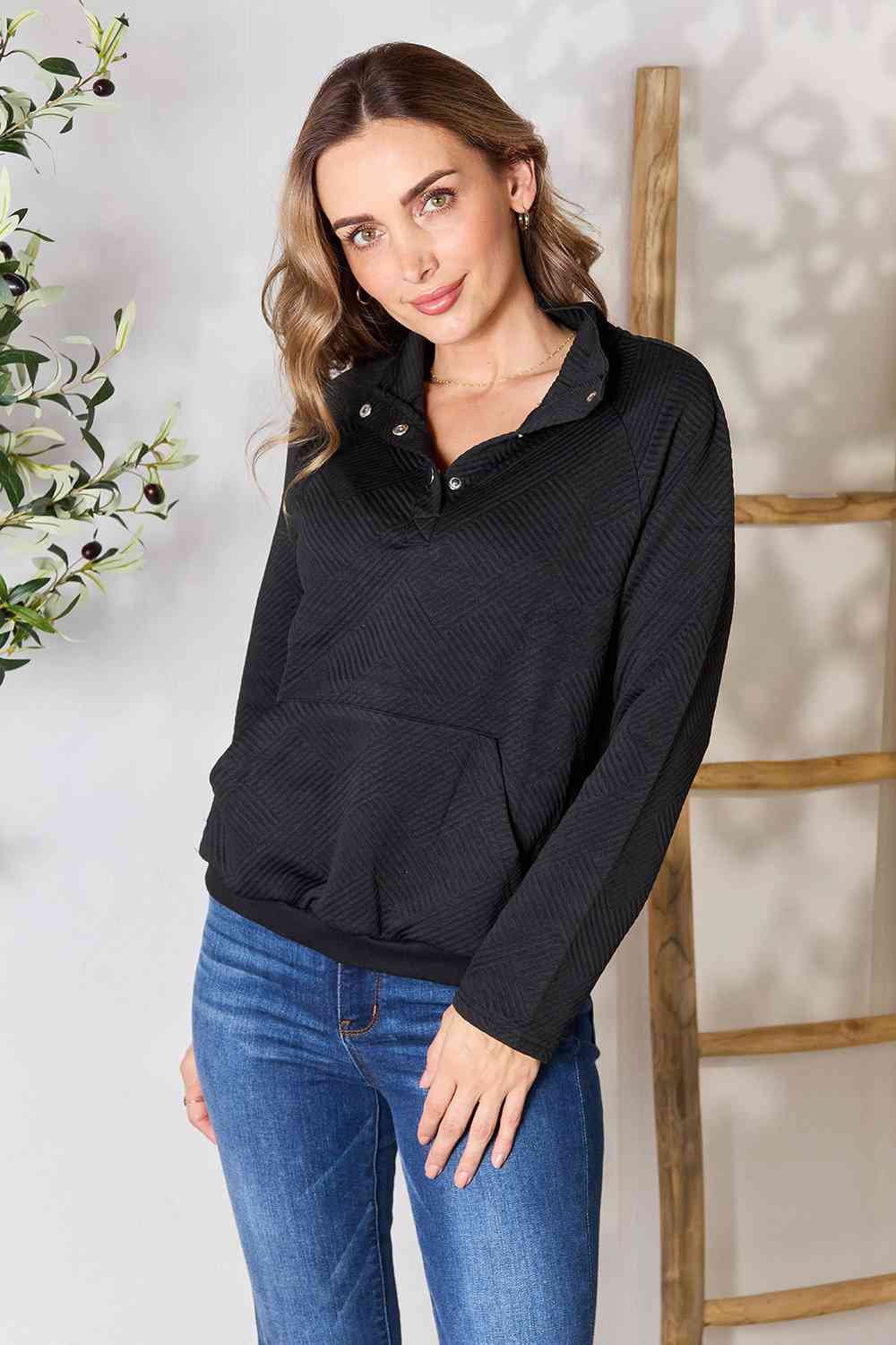 Double Take Half Buttoned Collared Neck Sweatshirt with Pocket 2