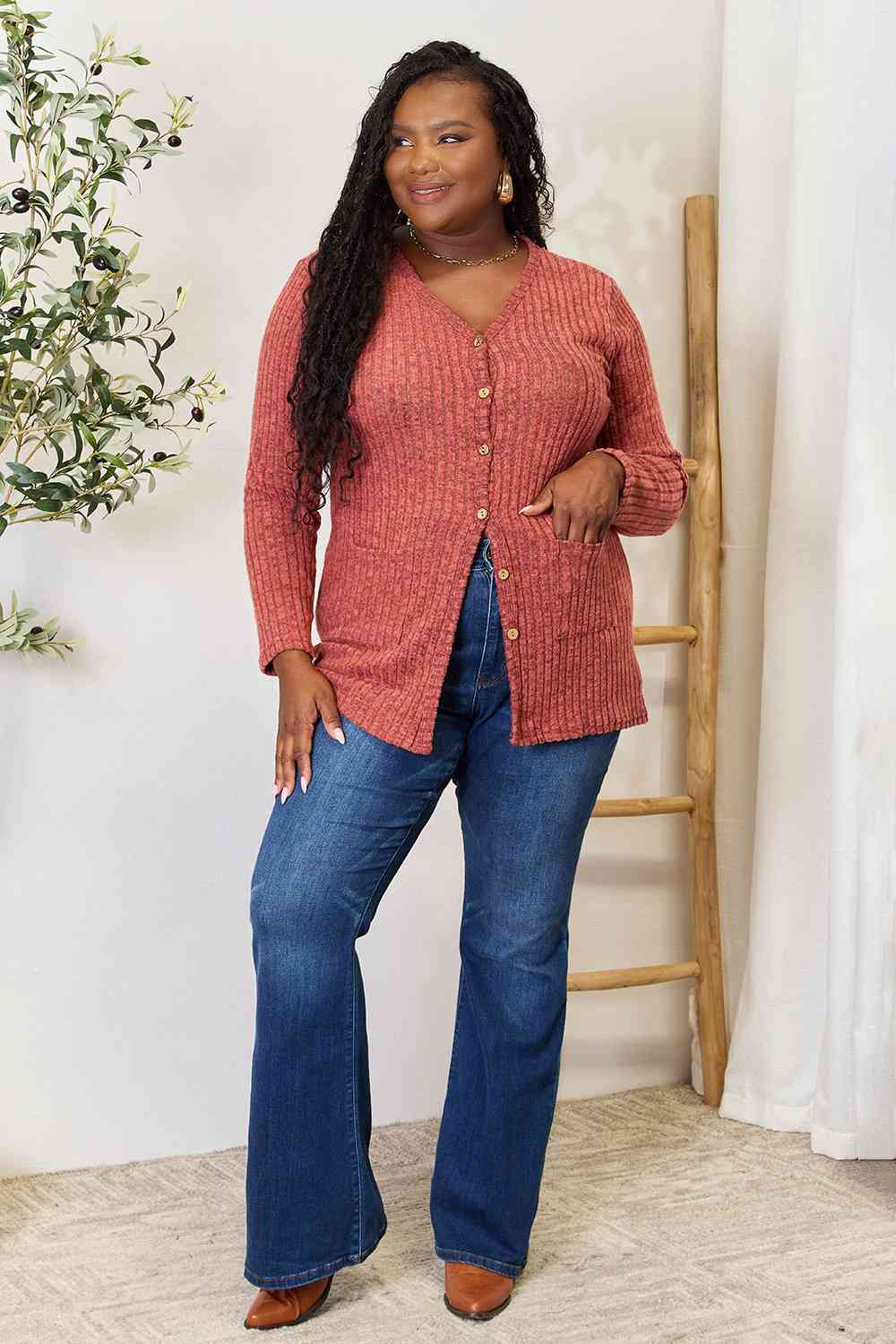 Double Take Ribbed Button-Up Cardigan with Pockets 8