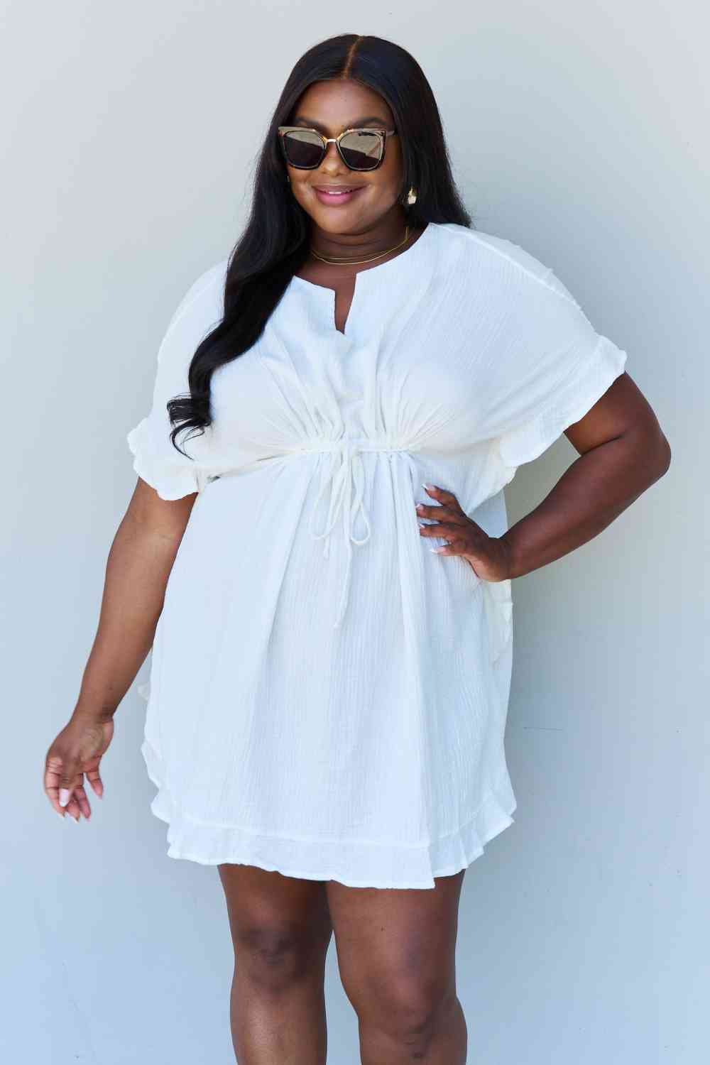 Ninexis Out Of Time Full Size Ruffle Hem Dress with Drawstring Waistband in White No 6
