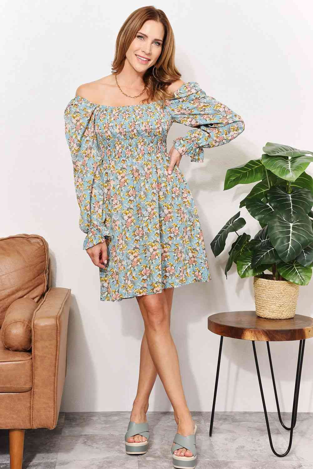 Double Take Floral Smocked Flounce Sleeve Square Neck Dress No 6