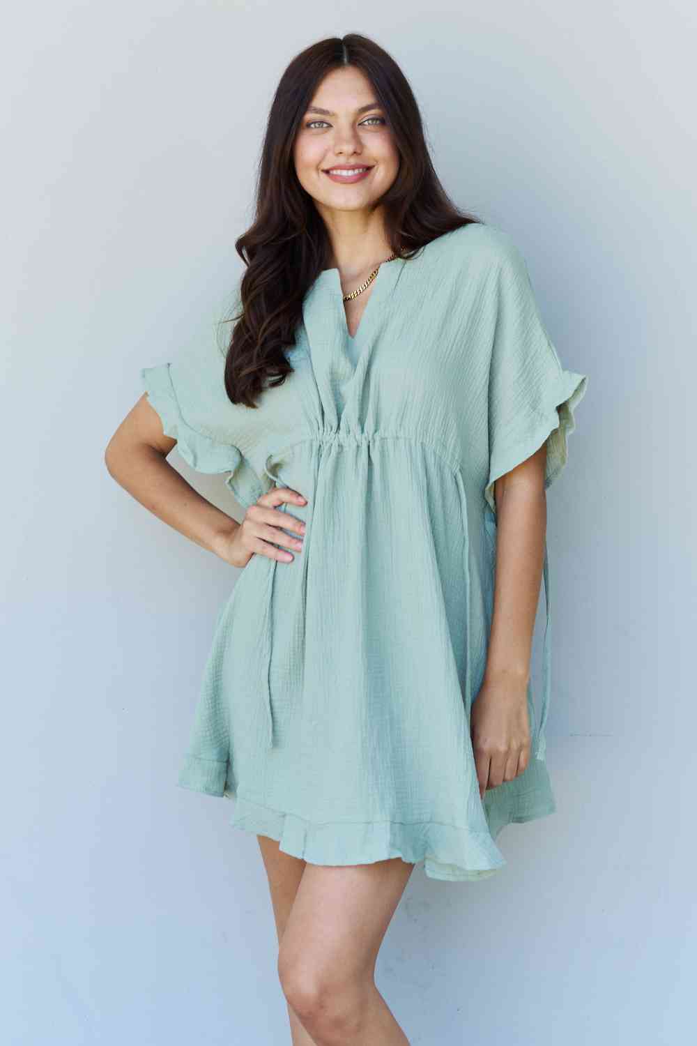 Ninexis Out Of Time Full Size Ruffle Hem Dress with Drawstring Waistband in Light Sage No 6