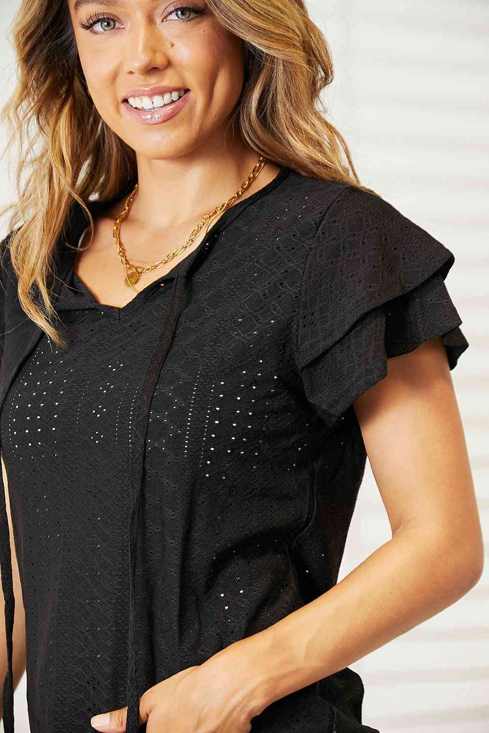 Double Take Eyelet Tie-Neck Flutter Sleeve Blouse No 4