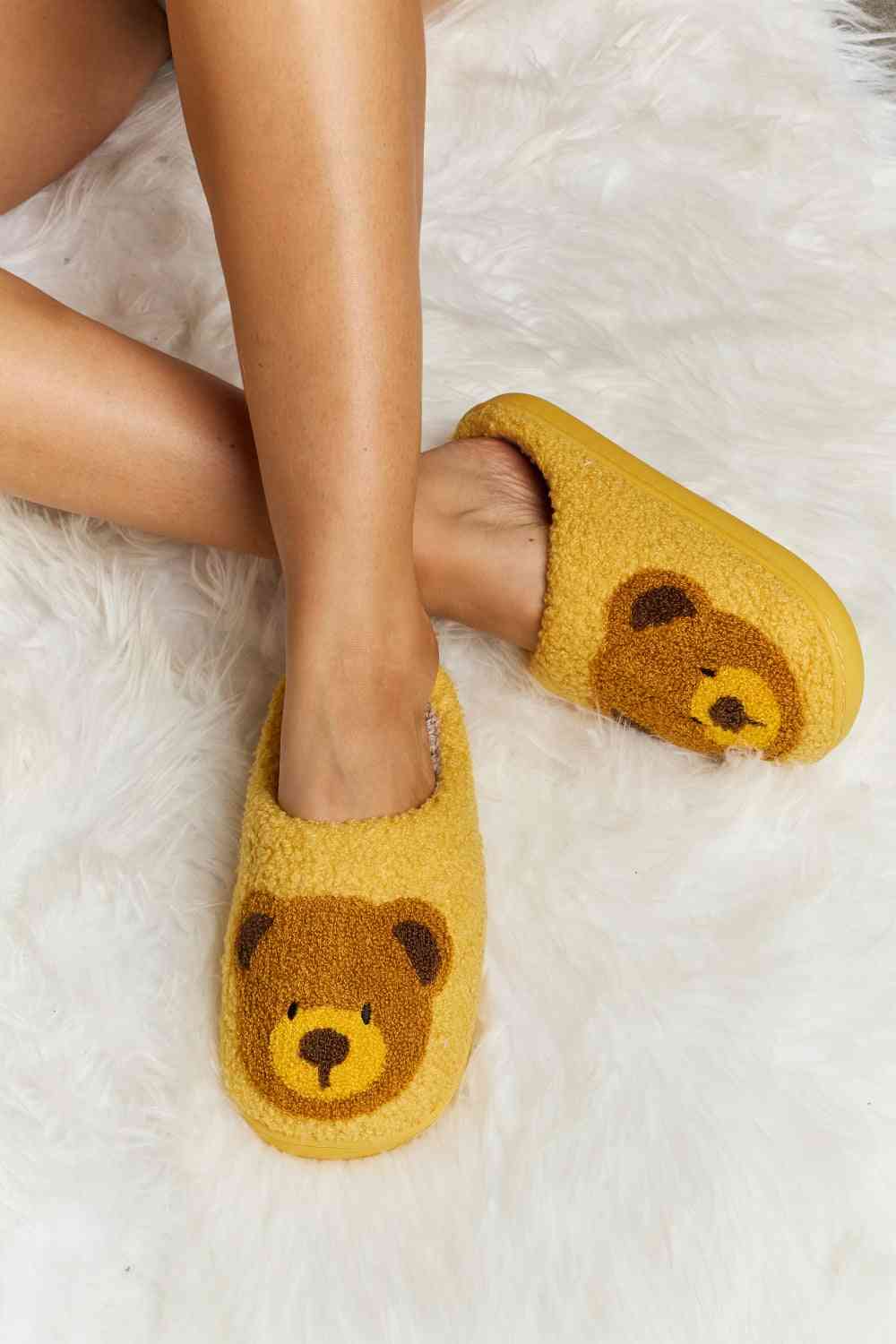 Melody Teddy Bear Print Plush Slide Slippers Yellow