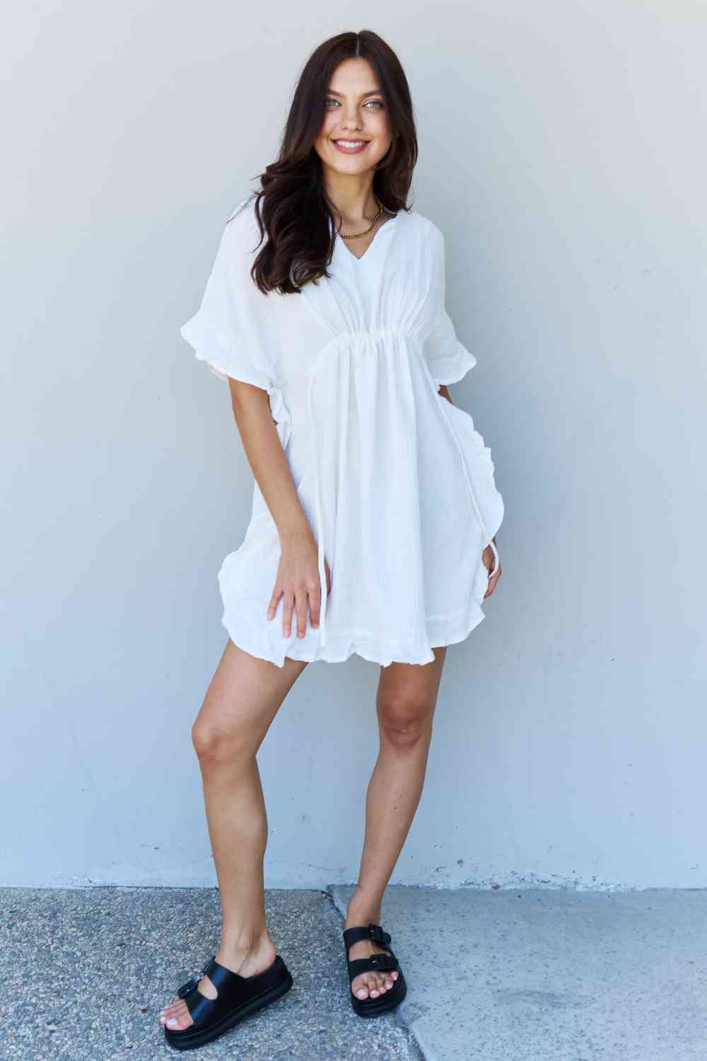 Ninexis Out Of Time Full Size Ruffle Hem Dress with Drawstring Waistband in White No 4