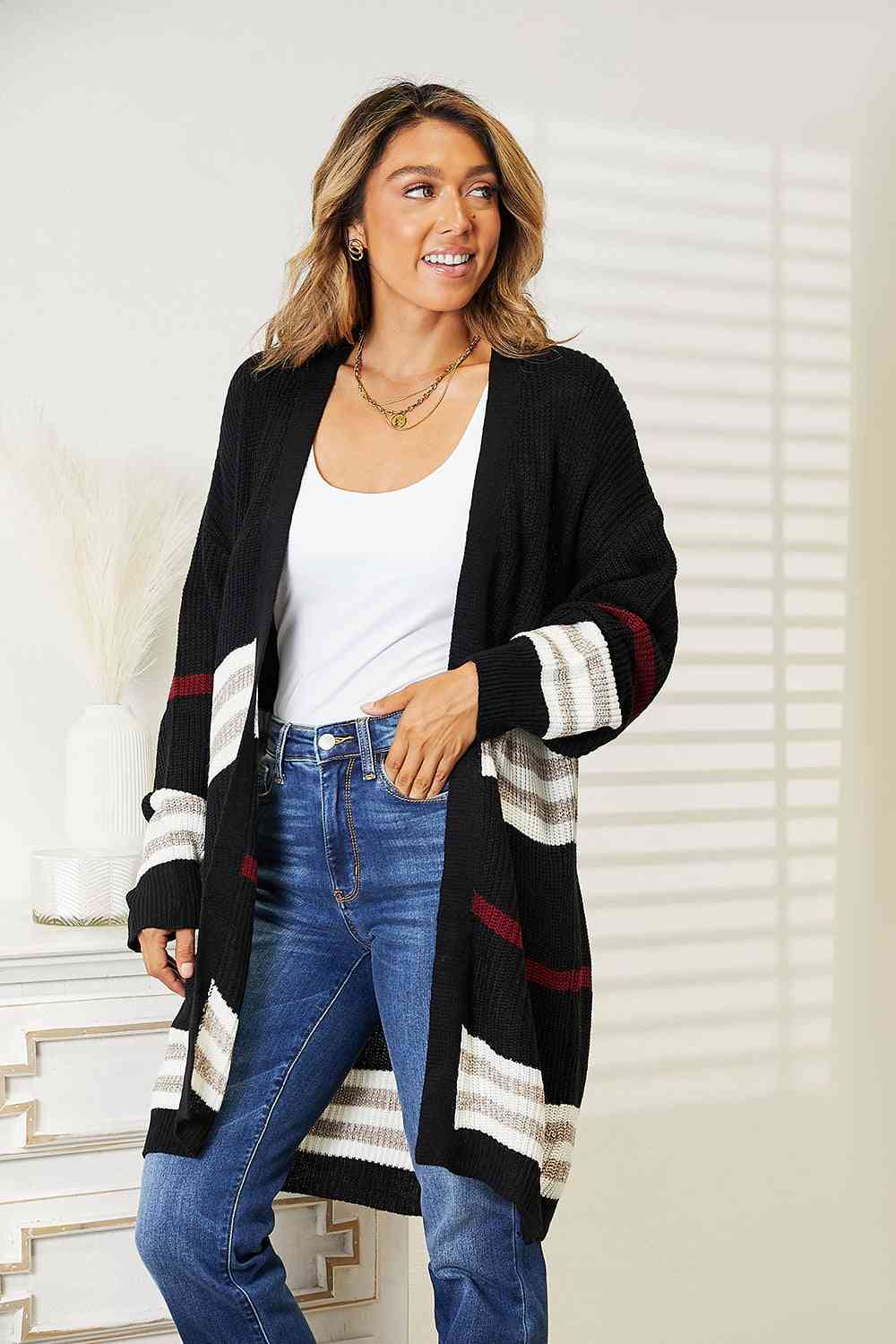 Double Take Striped Rib-Knit Drop Shoulder Open Front Cardigan No 3