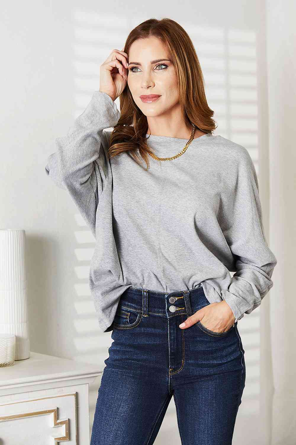 Double Take Seam Detail Round Neck Long Sleeve Top Gray