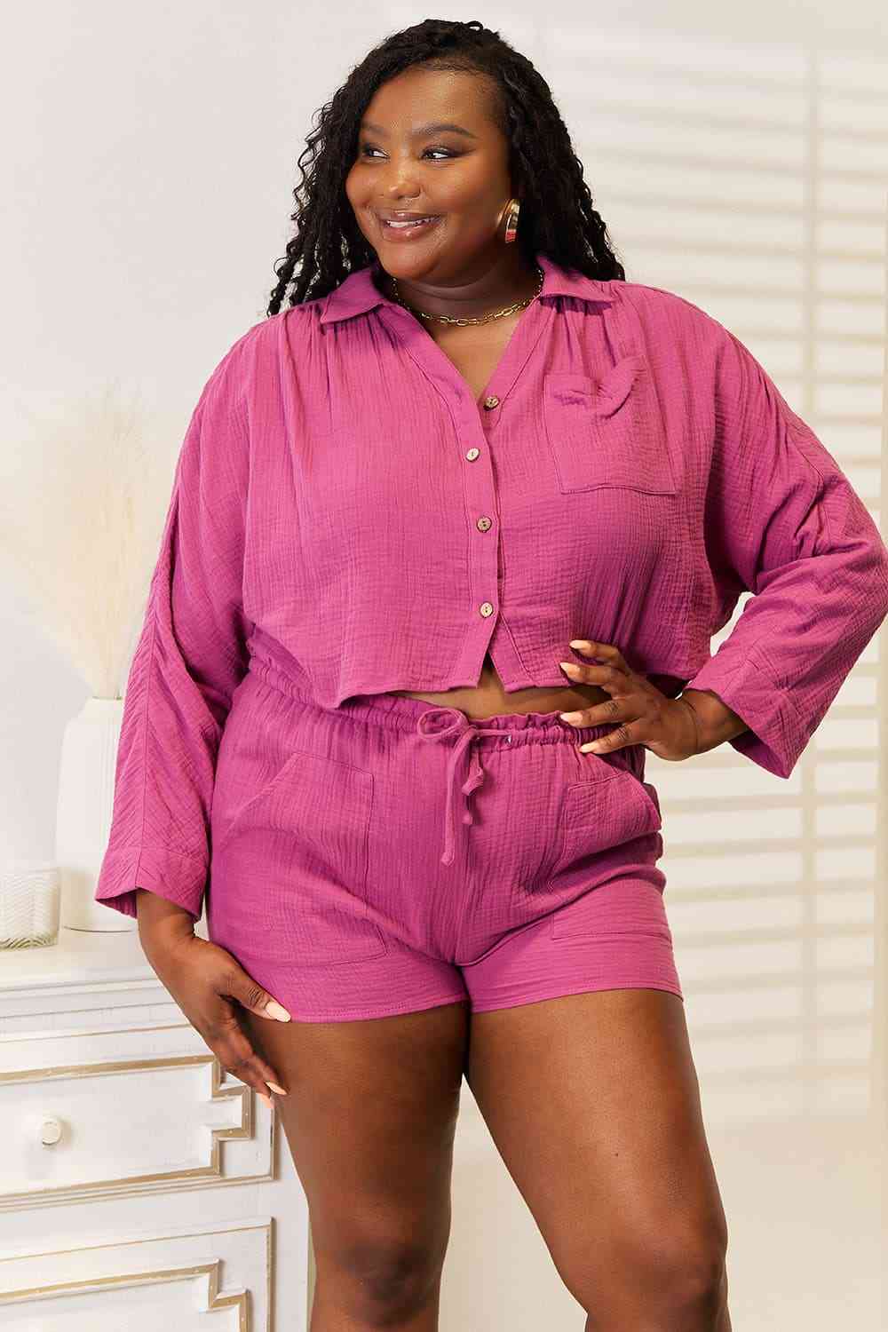 Basic Bae Buttoned Long Sleeve Top and Shorts Set No 5