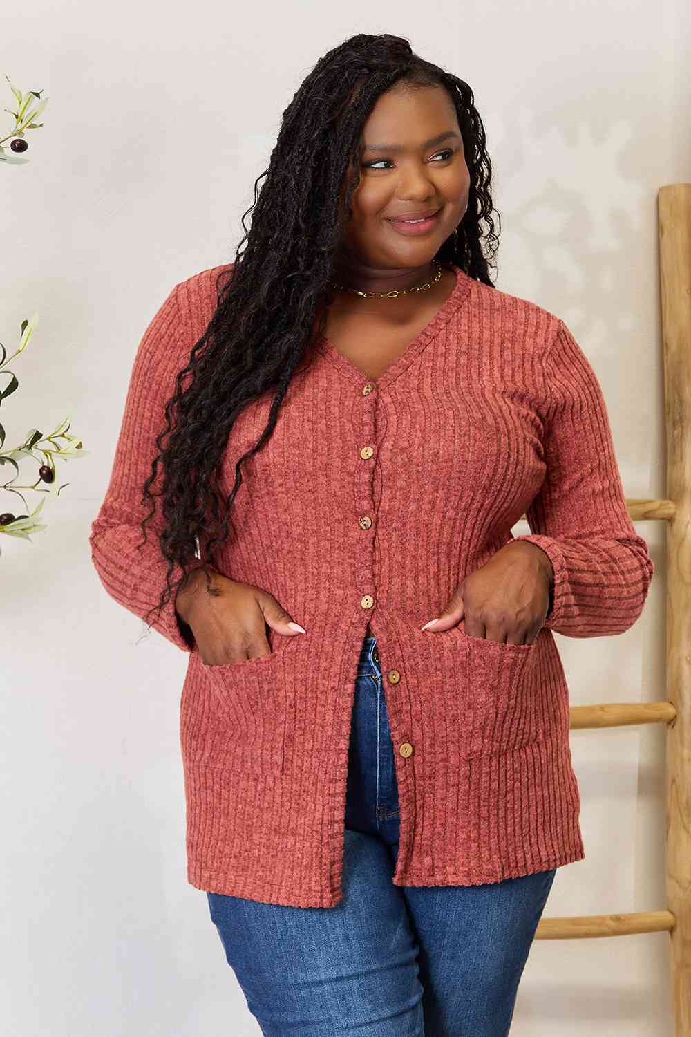 Double Take Ribbed Button-Up Cardigan with Pockets 5